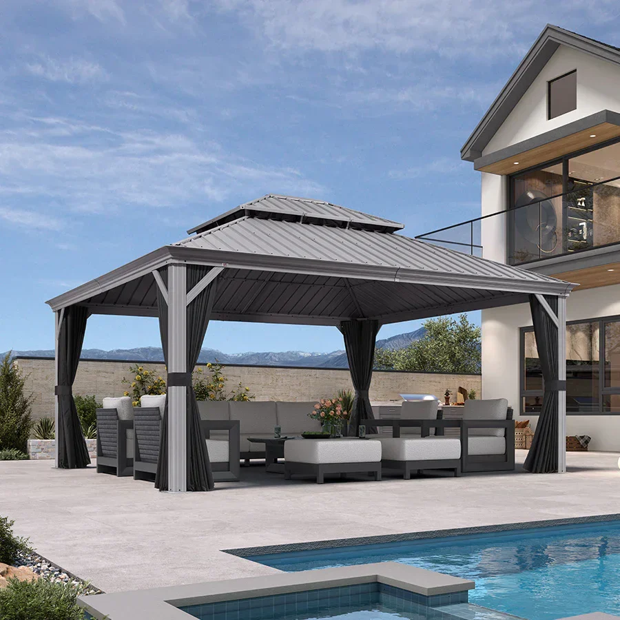 PURPLE LEAF Patio Gazebo for Pool Light Grey Hardtop Galvanized Steel Roof with Upgraded Curtains - Image 123