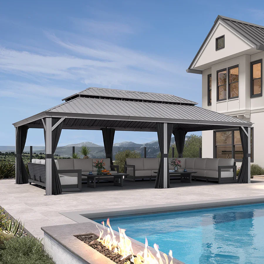 PURPLE LEAF Patio Gazebo for Pool Light Grey Hardtop Galvanized Steel Roof with Upgraded Curtains - Image 124