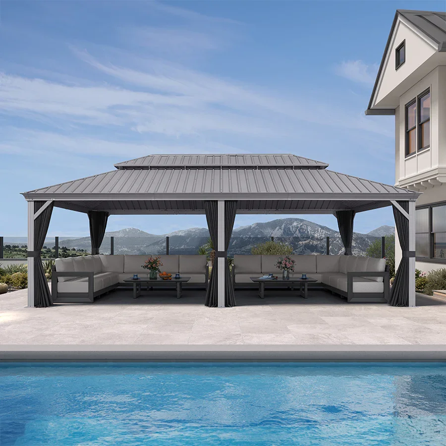 PURPLE LEAF Patio Gazebo for Pool Light Grey Hardtop Galvanized Steel Roof with Upgraded Curtains - Image 125
