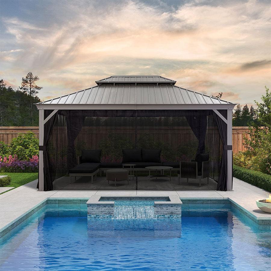 PURPLE LEAF Patio Gazebo for Pool Light Grey Hardtop Galvanized Steel Roof with Upgraded Curtains - Image 14