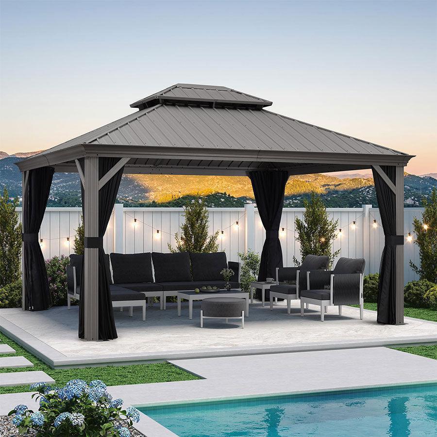 PURPLE LEAF Patio Gazebo for Pool Light Grey Hardtop Galvanized Steel Roof with Upgraded Curtains - Image 16