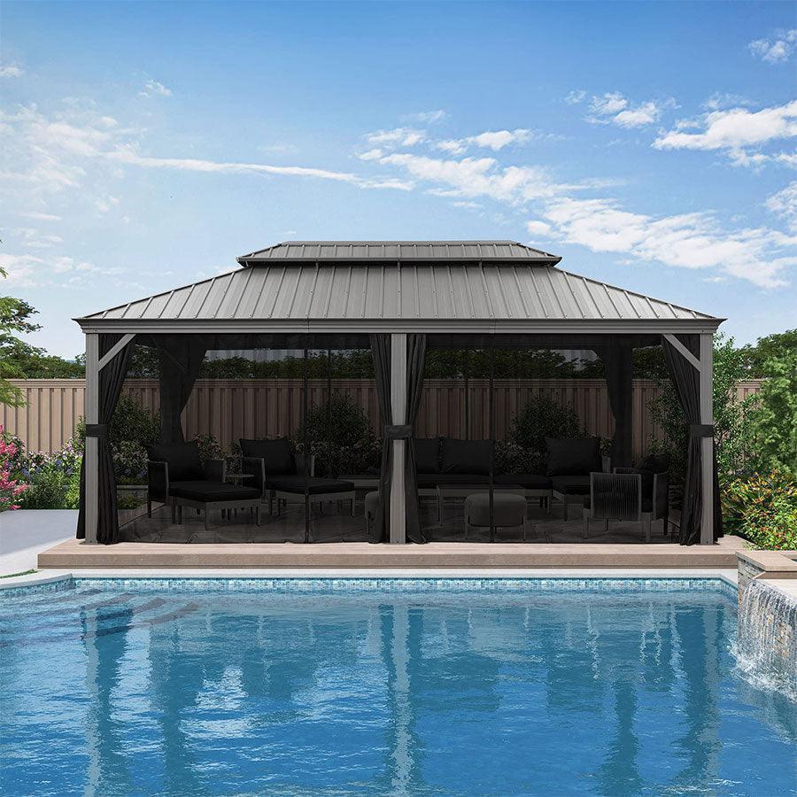 PURPLE LEAF Patio Gazebo for Pool Light Grey Hardtop Galvanized Steel Roof with Upgraded Curtains - Image 18