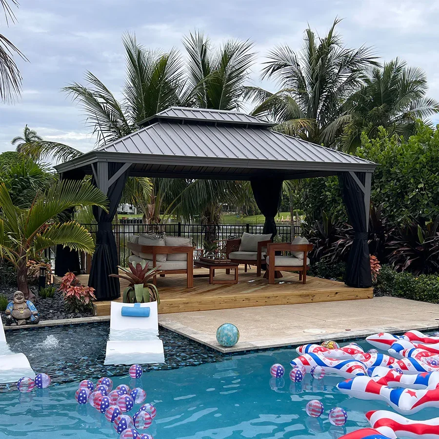 PURPLE LEAF Patio Gazebo for Pool Light Grey Hardtop Galvanized Steel Roof with Upgraded Curtains - Image 3