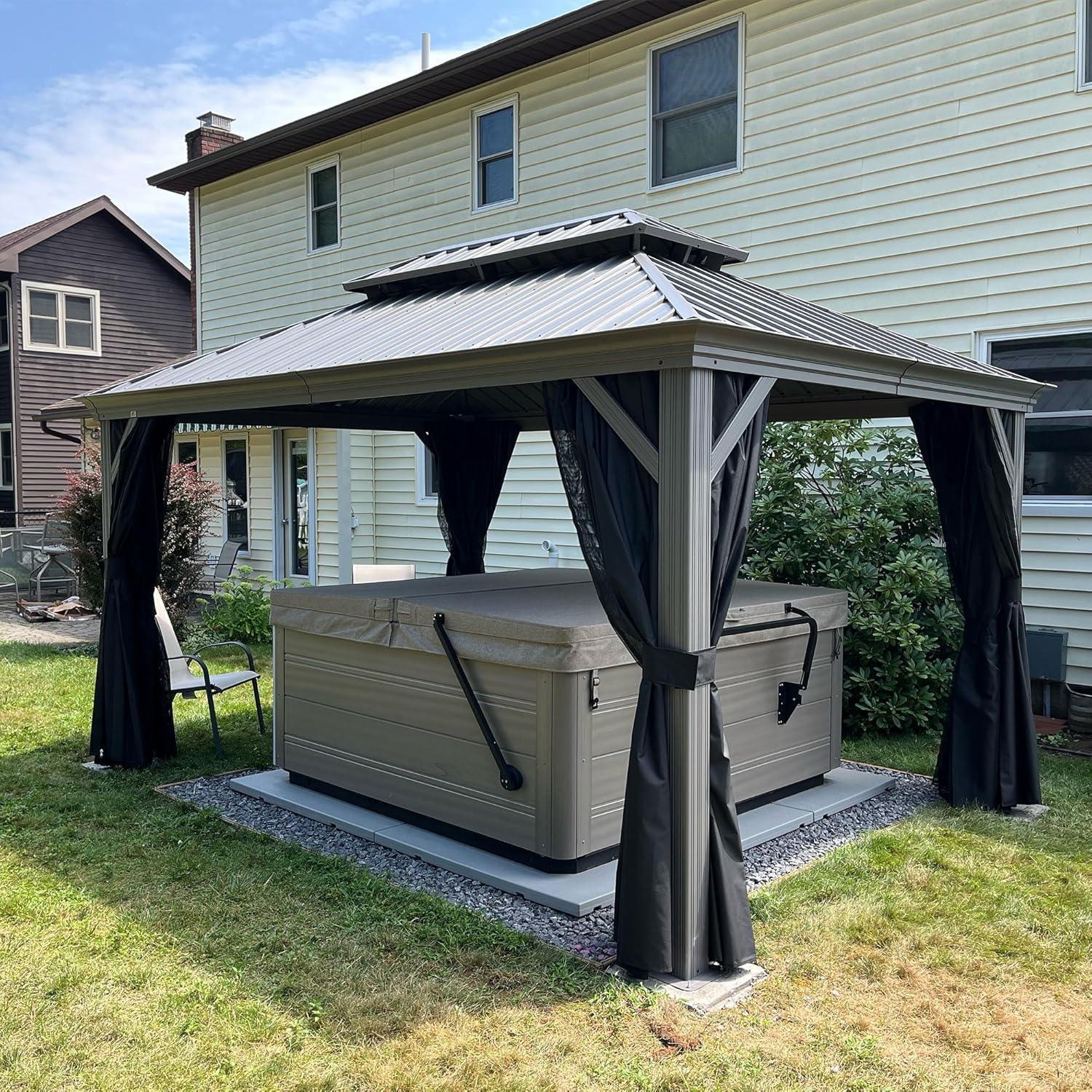 PURPLE LEAF Patio Gazebo for Pool Light Grey Hardtop Galvanized Steel Roof with Upgraded Curtains - Image 4