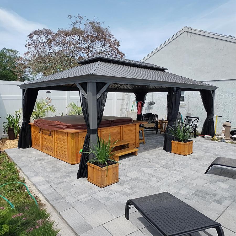 PURPLE LEAF Patio Gazebo for Pool Light Grey Hardtop Galvanized Steel Roof with Upgraded Curtains - Image 81