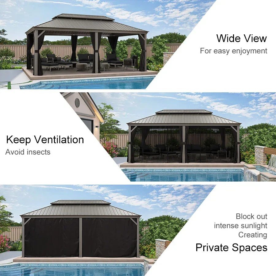 PURPLE LEAF Patio Gazebo for Pool Light Grey Hardtop Galvanized Steel Roof with String Lights-milky - Image 48