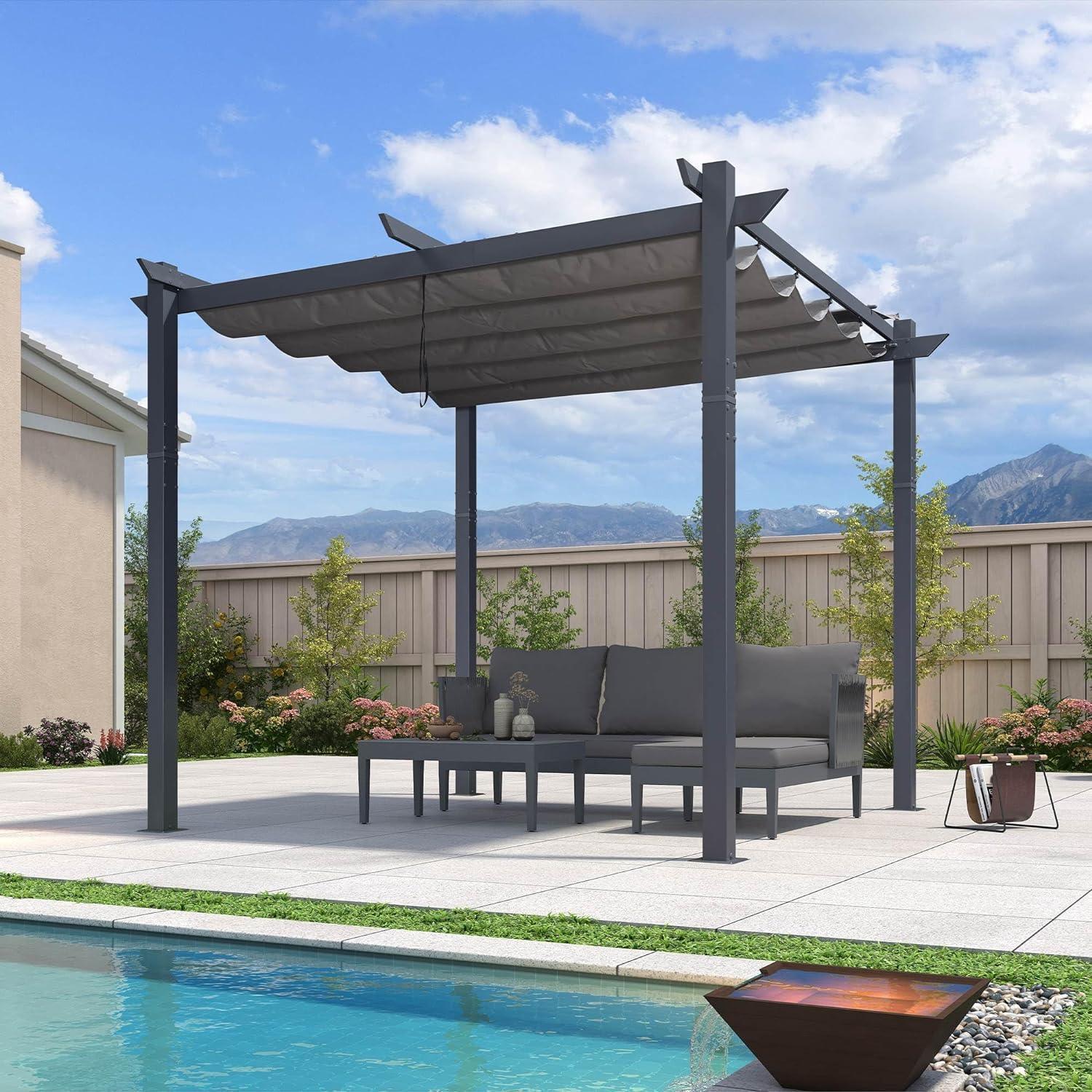 PURPLE LEAF Patio Retractable Pergola with Shade Canopy Modern Grill Gazebo Metal Shelter Pavilion for Porch Deck Garden Backyard Outdoor Pergola, Grey - Image 13