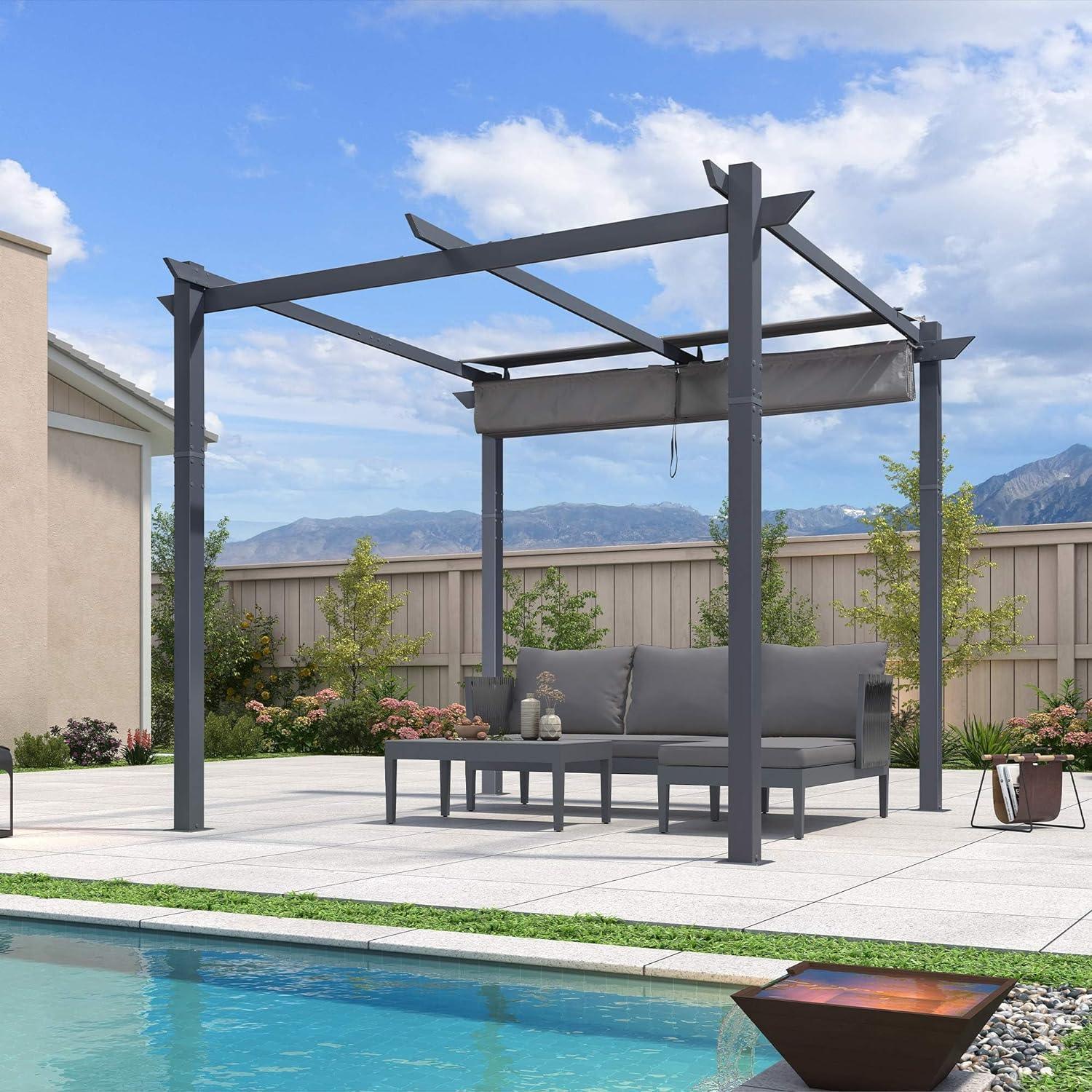 PURPLE LEAF Patio Retractable Pergola with Shade Canopy Modern Grill Gazebo Metal Shelter Pavilion for Porch Deck Garden Backyard Outdoor Pergola, Grey - Image 14