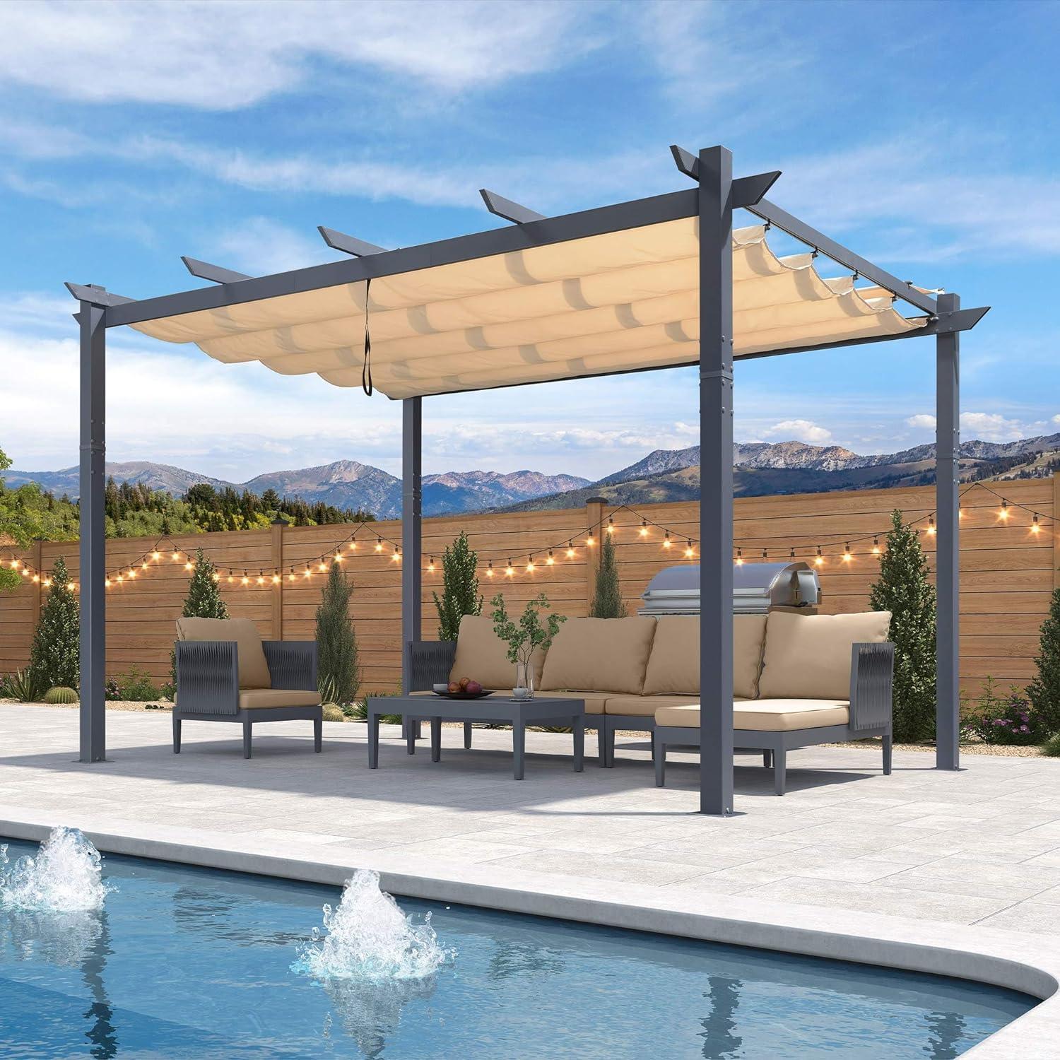 PURPLE LEAF Patio Retractable Pergola with Shade Canopy Modern Grill Gazebo Metal Shelter Pavilion for Porch Deck Garden Backyard Outdoor Pergola, Grey - Image 21