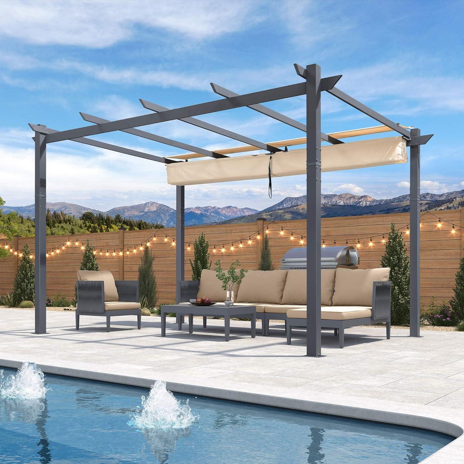 PURPLE LEAF Patio Retractable Pergola with Shade Canopy Modern Grill Gazebo Metal Shelter Pavilion for Porch Deck Garden Backyard Outdoor Pergola, Grey - Image 25