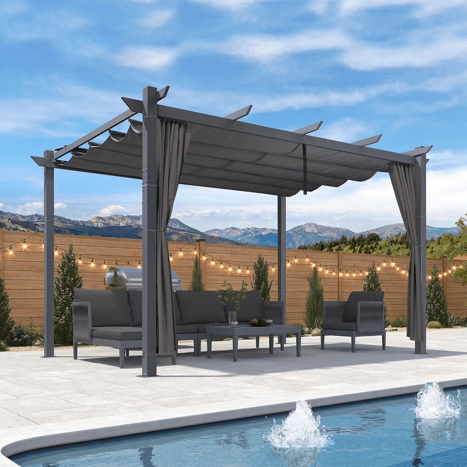 PURPLE LEAF Patio Retractable Pergola with Shade Canopy Modern Grill Gazebo Metal Shelter Pavilion for Porch Deck Garden Backyard With Curtains - Image 3