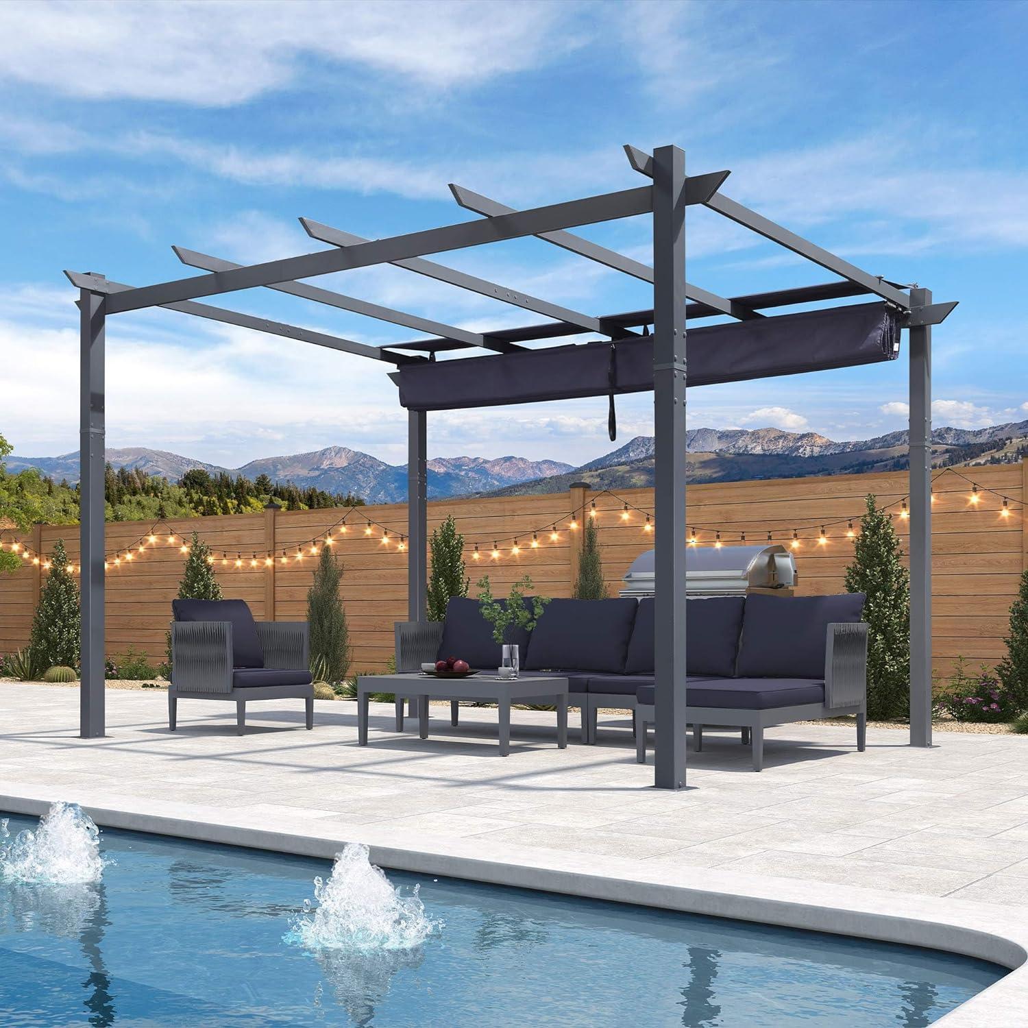PURPLE LEAF Patio Retractable Pergola with Shade Canopy Modern Grill Gazebo Metal Shelter Pavilion for Porch Deck Garden Backyard Outdoor Pergola, Grey - Image 33