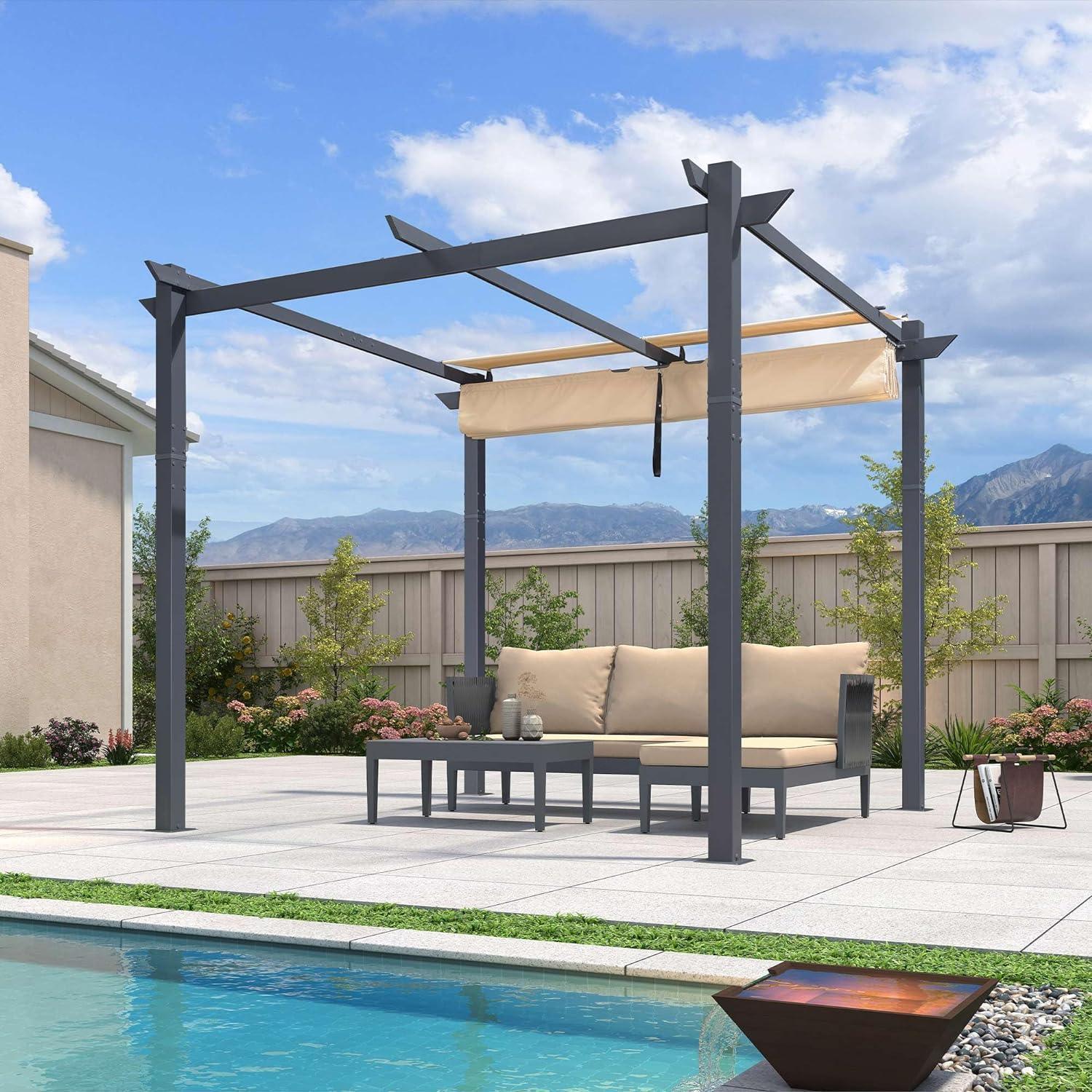 PURPLE LEAF Patio Retractable Pergola with Shade Canopy Modern Grill Gazebo Metal Shelter Pavilion for Porch Deck Garden Backyard Outdoor Pergola, Grey - Image 36