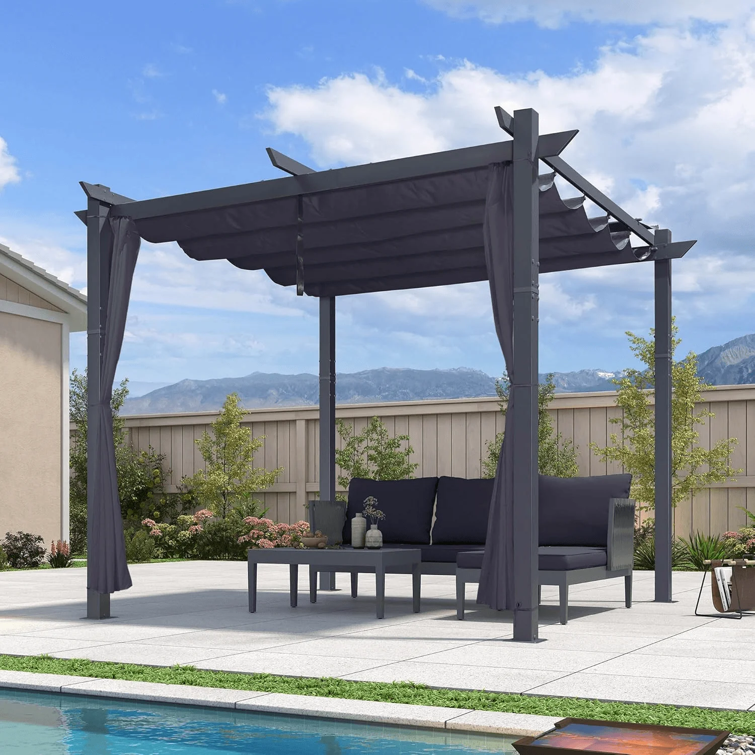 PURPLE LEAF Patio Retractable Pergola with Shade Canopy Modern Grill Gazebo Metal Shelter Pavilion for Porch Deck Garden Backyard With Curtains - Image 47