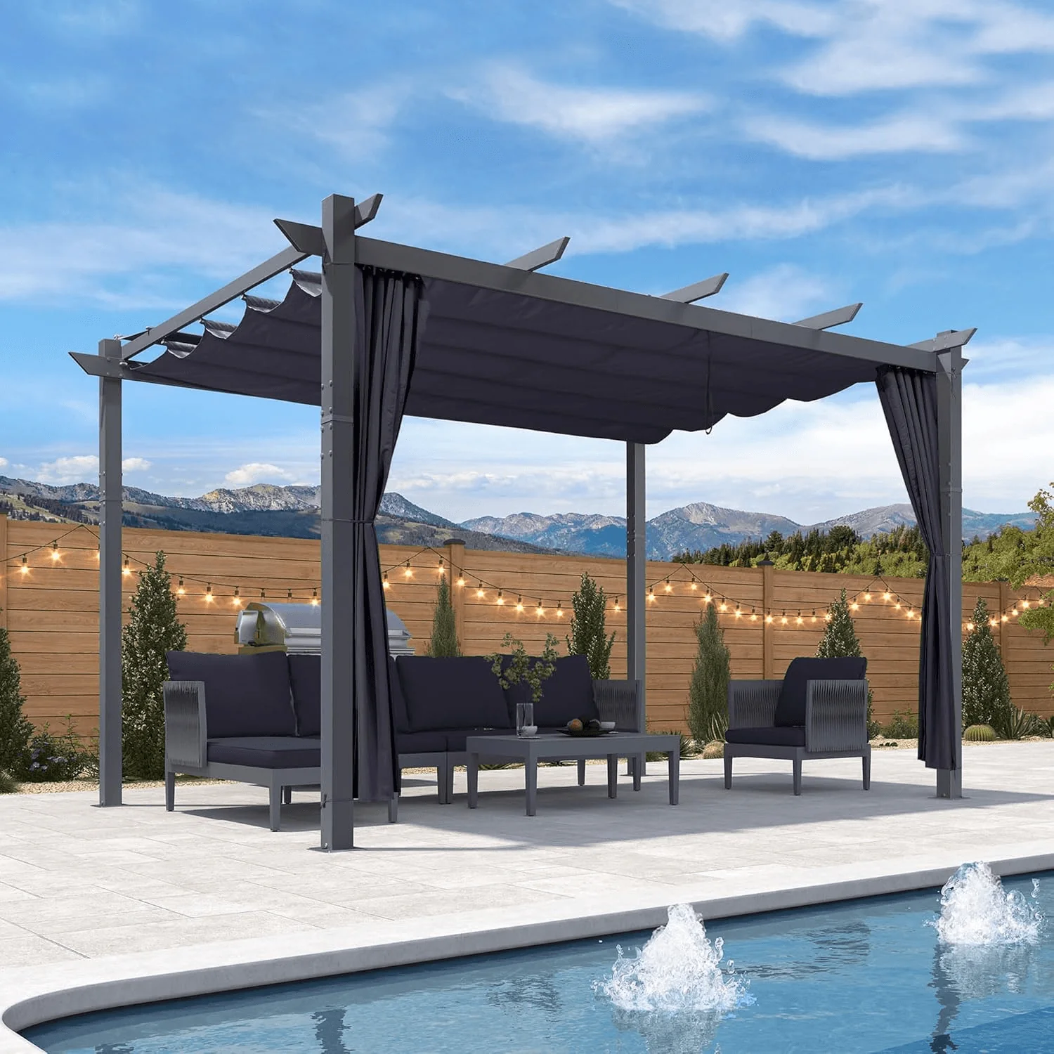 PURPLE LEAF Patio Retractable Pergola with Shade Canopy Modern Grill Gazebo Metal Shelter Pavilion for Porch Deck Garden Backyard With Curtains - Image 52