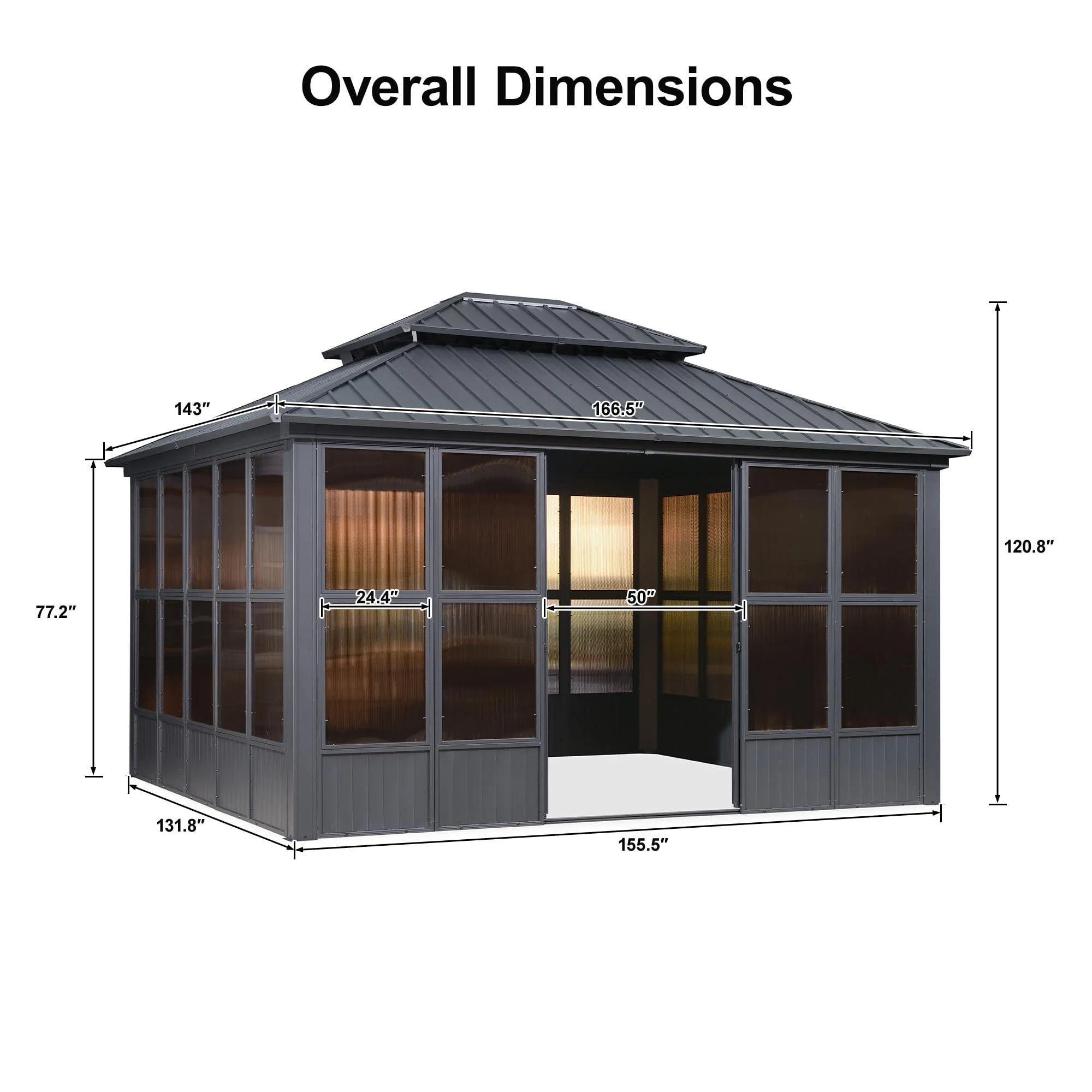 PURPLE LEAF Sunroom Hardtop Gazebo Solarium Grey Galvanized Steel Double Roof All-Weather Aluminum Outdoor Screen House - Image 10