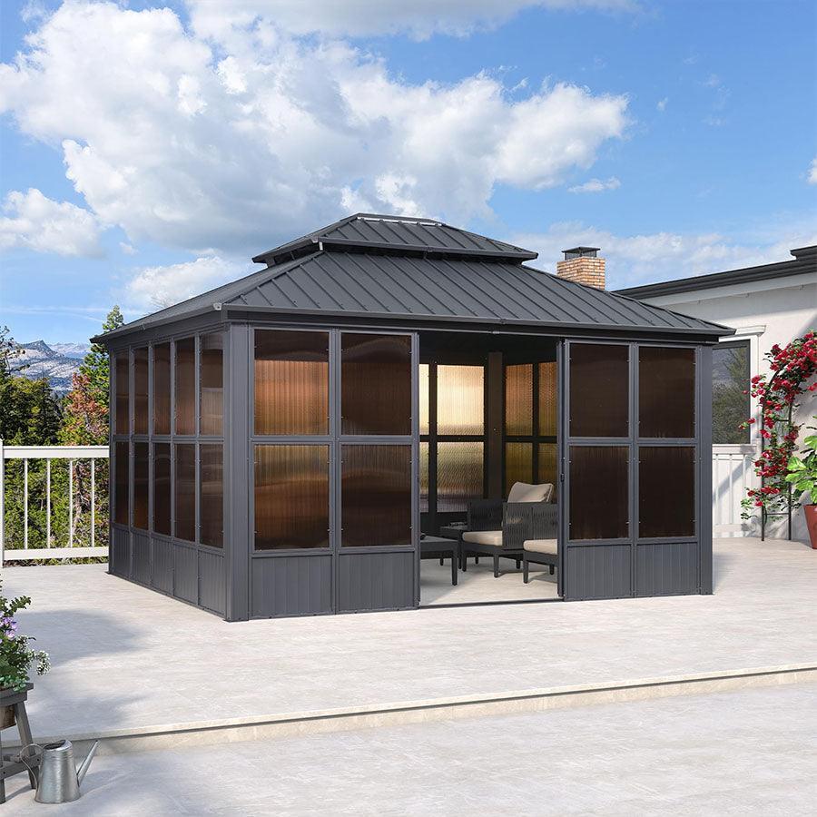 PURPLE LEAF Sunroom Hardtop Gazebo Solarium Grey Galvanized Steel Double Roof All-Weather Aluminum Outdoor Screen House - Image 17