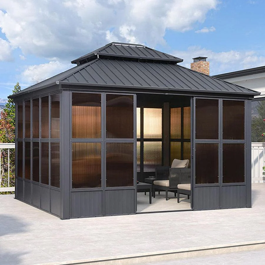 PURPLE LEAF Sunroom Hardtop Gazebo Solarium Grey Galvanized Steel Double Roof All-Weather Aluminum Outdoor Screen House - Image 19