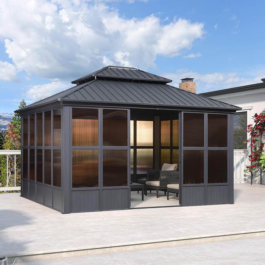 PURPLE LEAF Sunroom Hardtop Gazebo Solarium Grey Galvanized Steel Double Roof All-Weather Aluminum Outdoor Screen House - Image 20