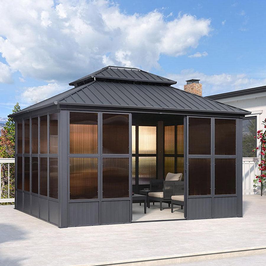 PURPLE LEAF Sunroom Hardtop Gazebo Solarium Grey Galvanized Steel Double Roof All-Weather Aluminum Outdoor Screen House - Image 3