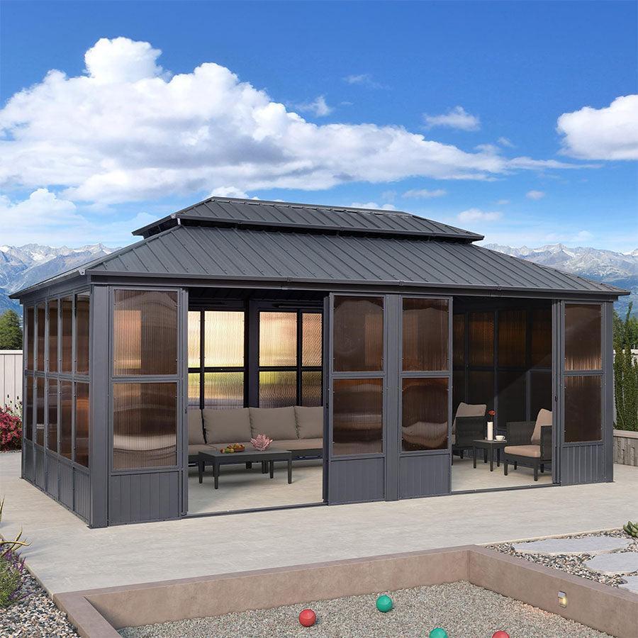 PURPLE LEAF Sunroom Hardtop Gazebo Solarium Grey Galvanized Steel Double Roof All-Weather Aluminum Outdoor Screen House - Image 34