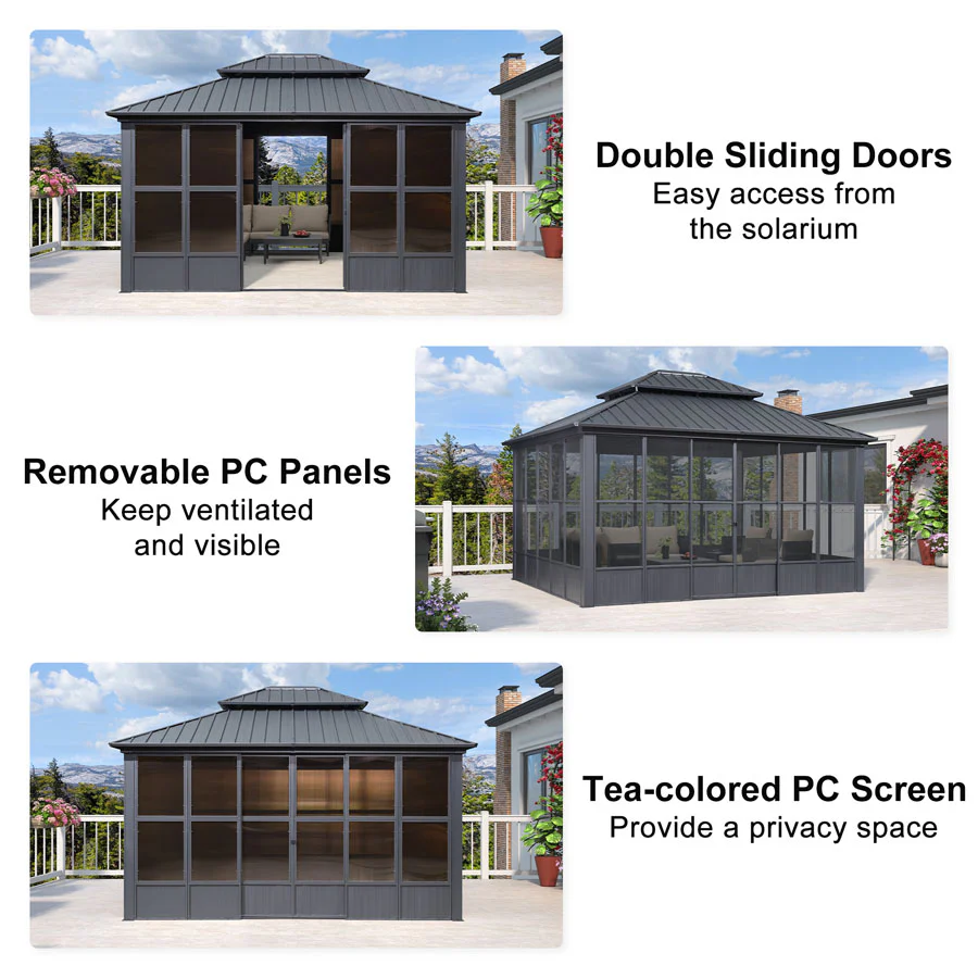 PURPLE LEAF Sunroom Hardtop Gazebo Solarium Grey Galvanized Steel Double Roof All-Weather Aluminum Outdoor Screen House - Image 46