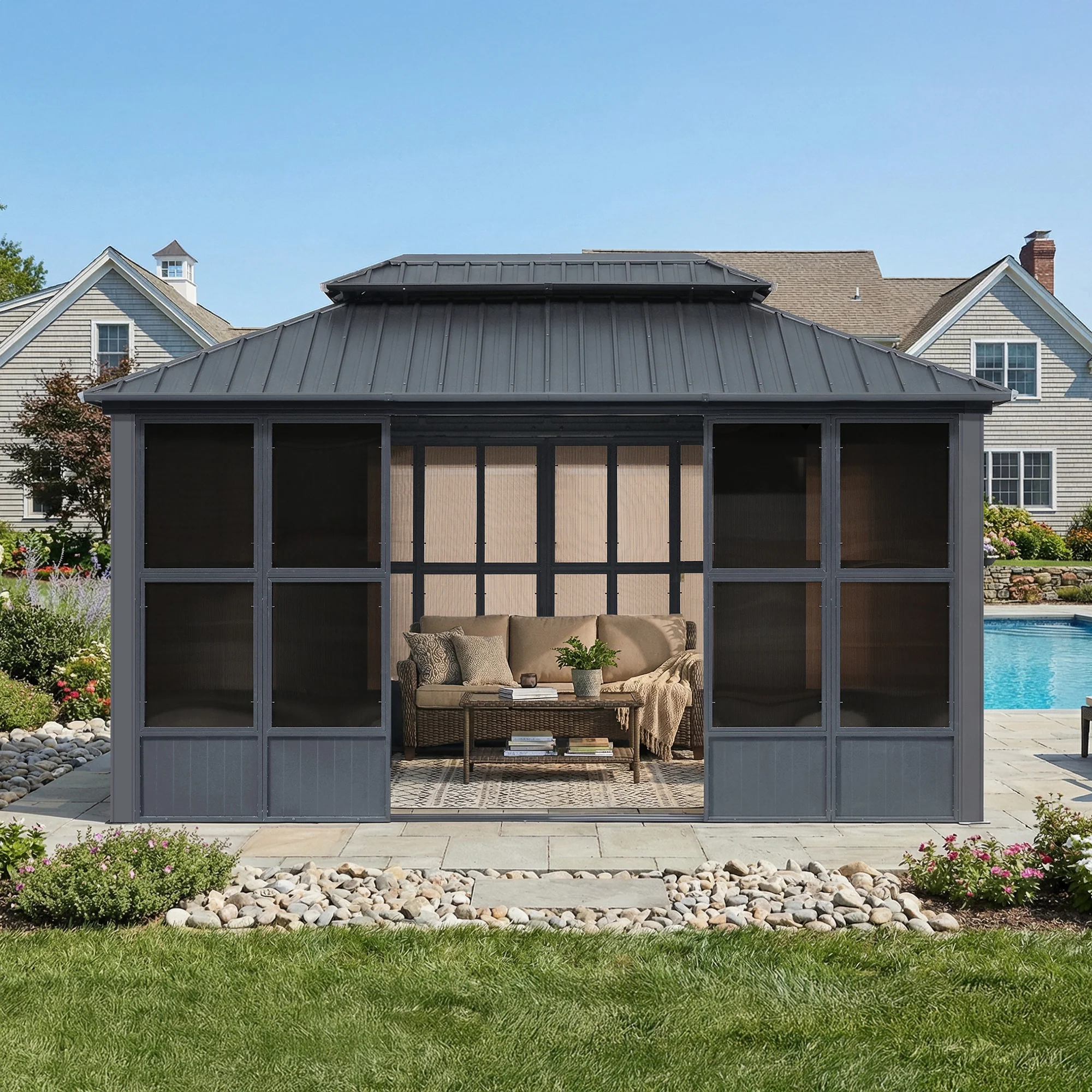 PURPLE LEAF Sunroom Hardtop Gazebo Solarium Grey Galvanized Steel Double Roof All-Weather Aluminum Outdoor Screen House - Image 62