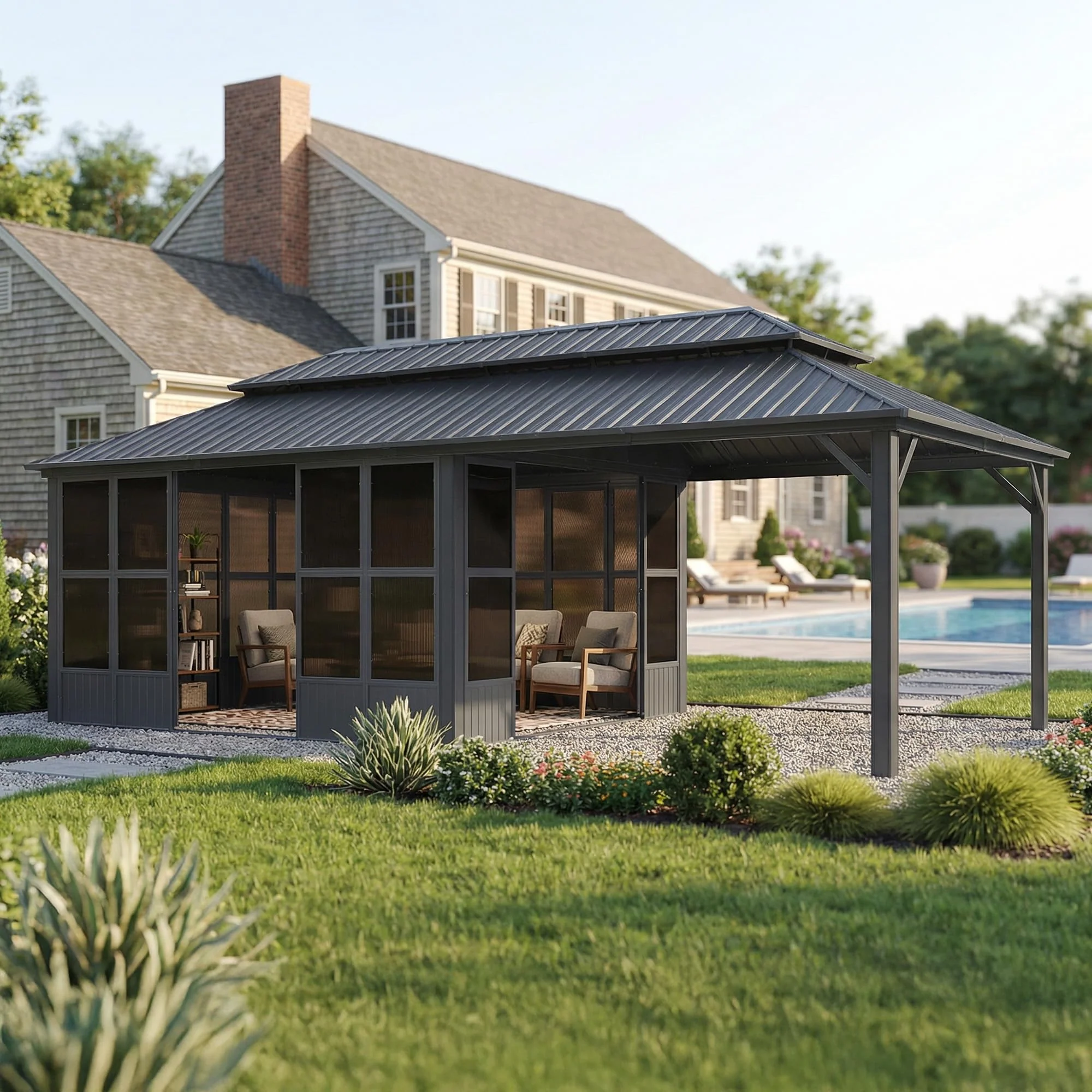 PURPLE LEAF Sunroom Hardtop Gazebo Solarium Grey Galvanized Steel Double Roof All-Weather Aluminum Outdoor Screen House - Image 72