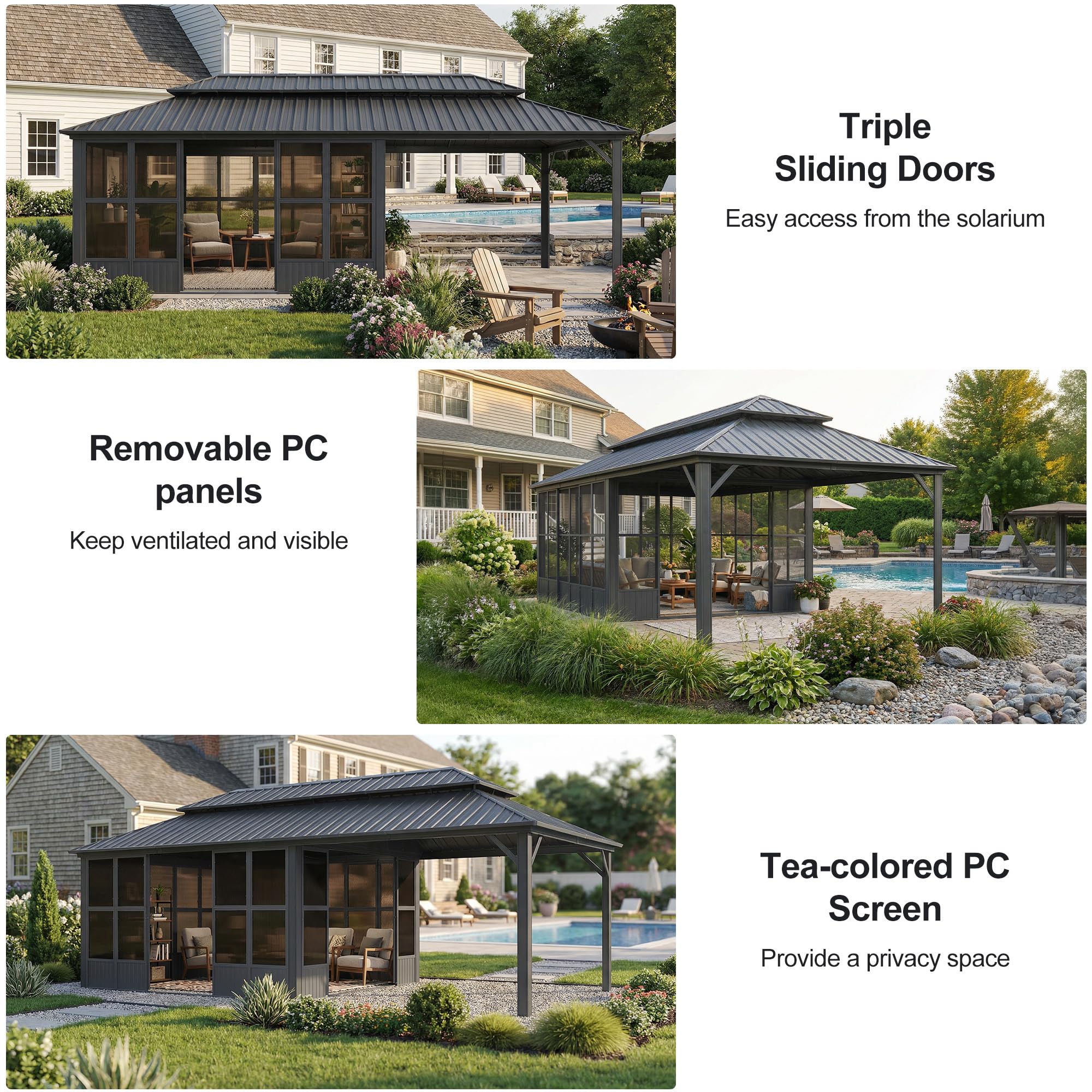 PURPLE LEAF Sunroom Hardtop Gazebo Solarium Grey Galvanized Steel Double Roof All-Weather Aluminum Outdoor Screen House - Image 73