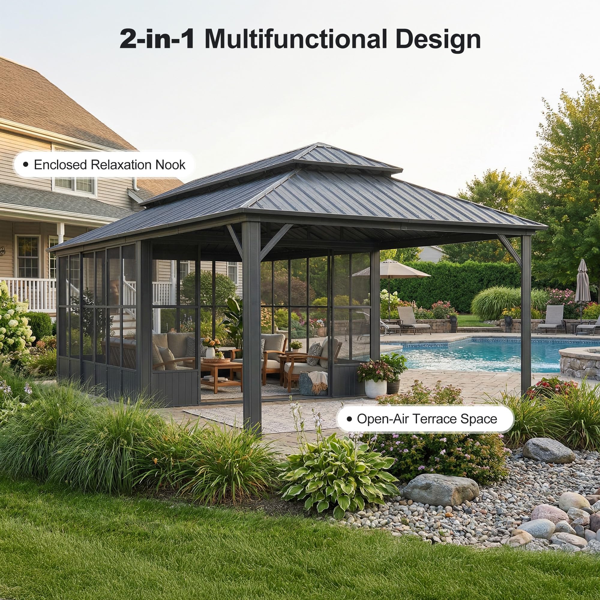 PURPLE LEAF Sunroom Hardtop Gazebo Solarium Grey Galvanized Steel Double Roof All-Weather Aluminum Outdoor Screen House - Image 74