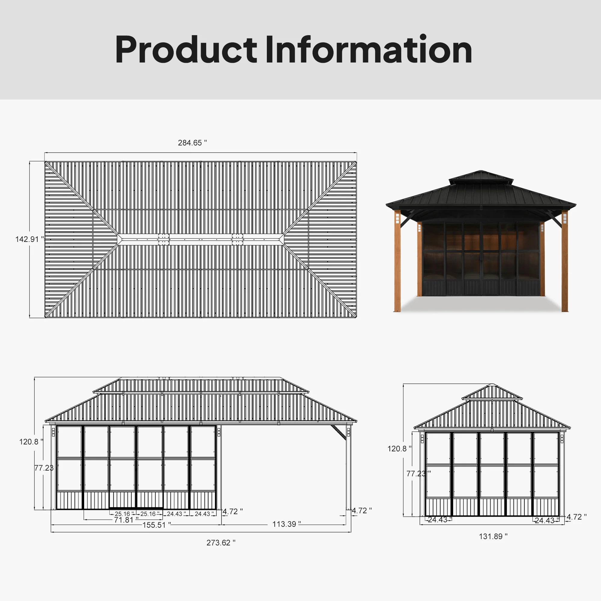 PURPLE LEAF Sunroom Hardtop Gazebo Solarium Grey Galvanized Steel Double Roof All-Weather Aluminum Outdoor Screen House - Image 75