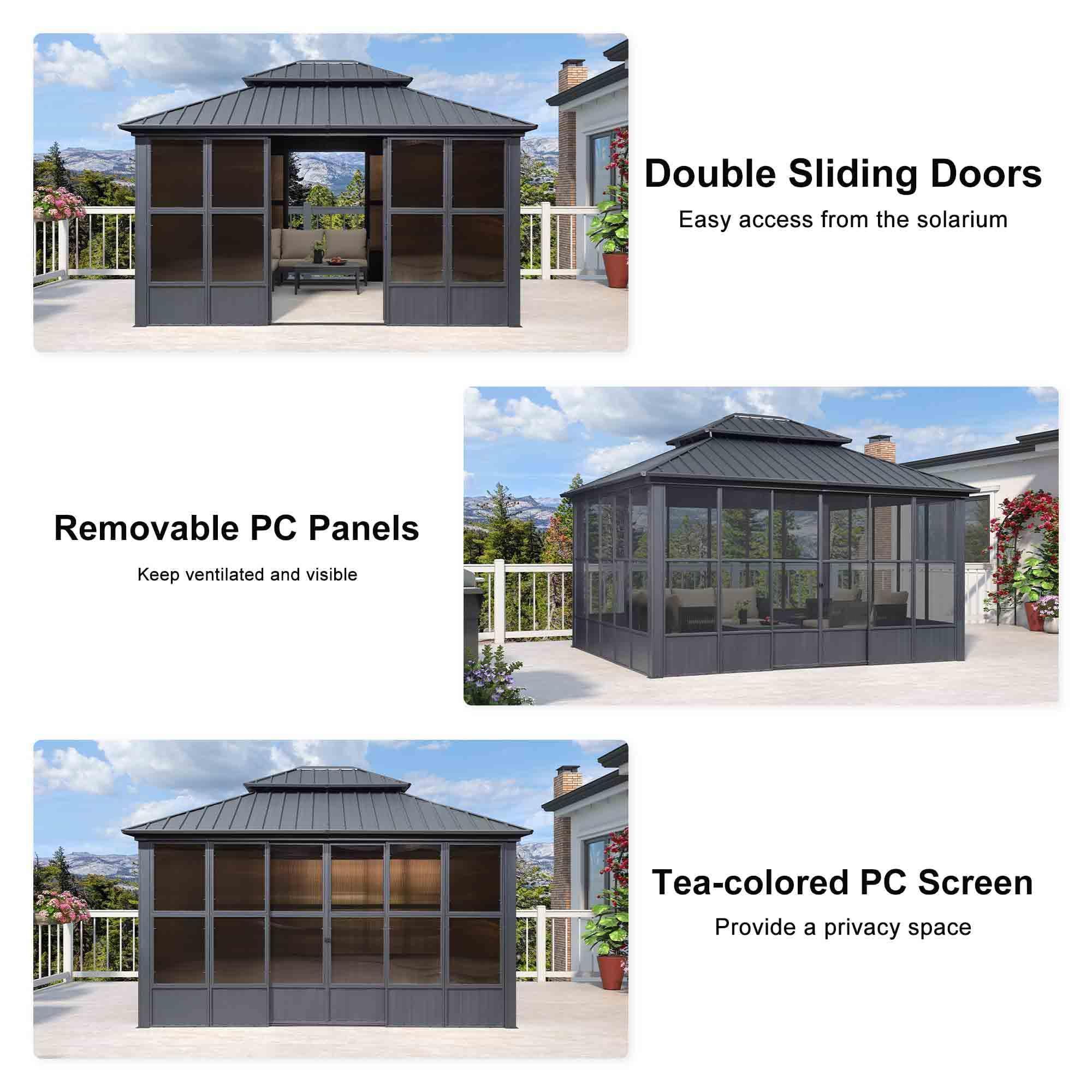 PURPLE LEAF Sunroom Hardtop Gazebo Solarium Grey Galvanized Steel Double Roof All-Weather Aluminum Outdoor Screen House with String Lights - Image 10