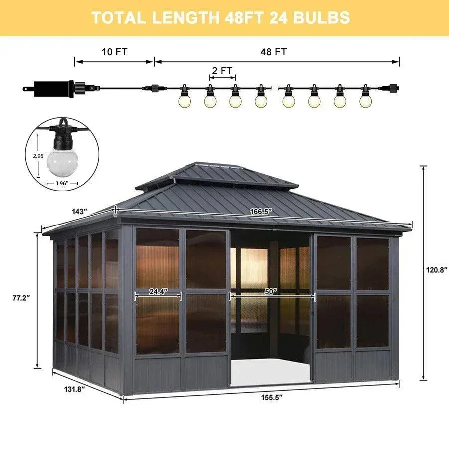 PURPLE LEAF Sunroom Hardtop Gazebo Solarium Grey Galvanized Steel Double Roof All-Weather Aluminum Outdoor Screen House with String Lights - Image 16