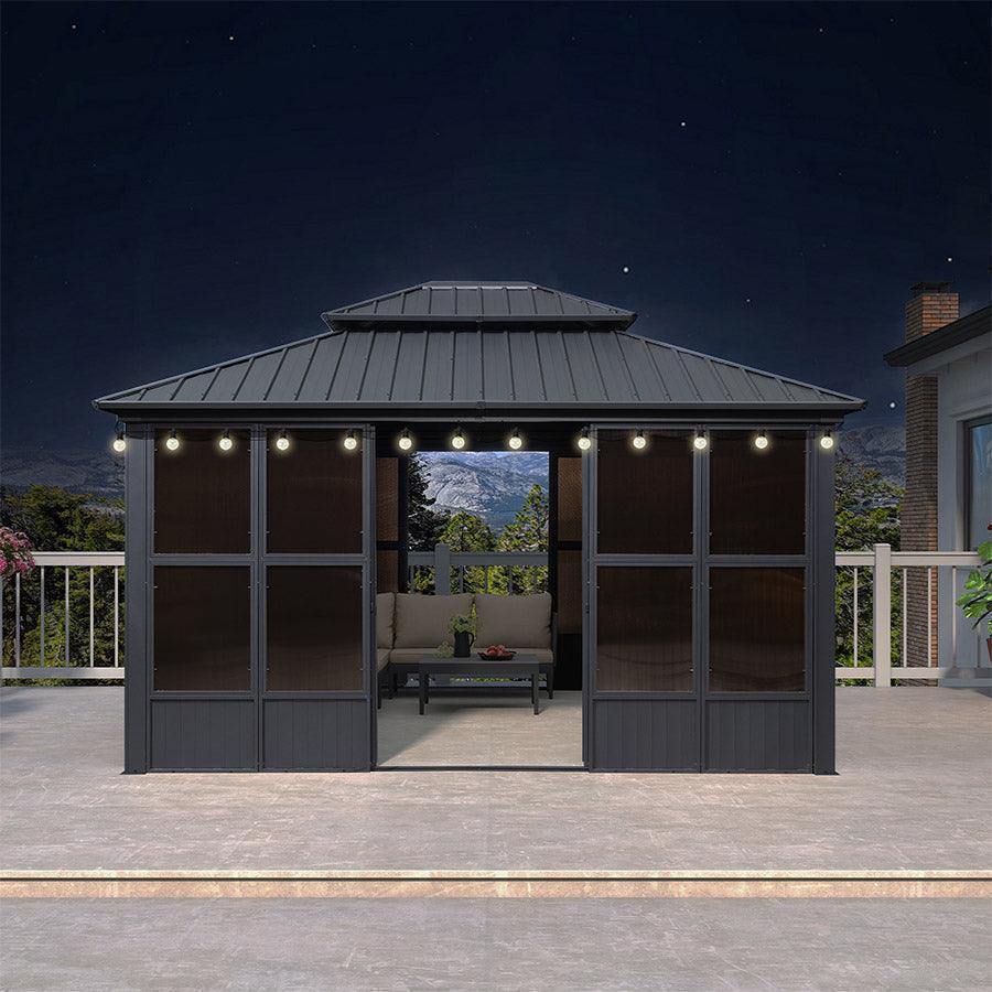 PURPLE LEAF Sunroom Hardtop Gazebo Solarium Grey Galvanized Steel Double Roof All-Weather Aluminum Outdoor Screen House with String Lights - Image 17