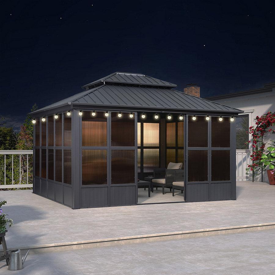 PURPLE LEAF Sunroom Hardtop Gazebo Solarium Grey Galvanized Steel Double Roof All-Weather Aluminum Outdoor Screen House with String Lights - Image 18