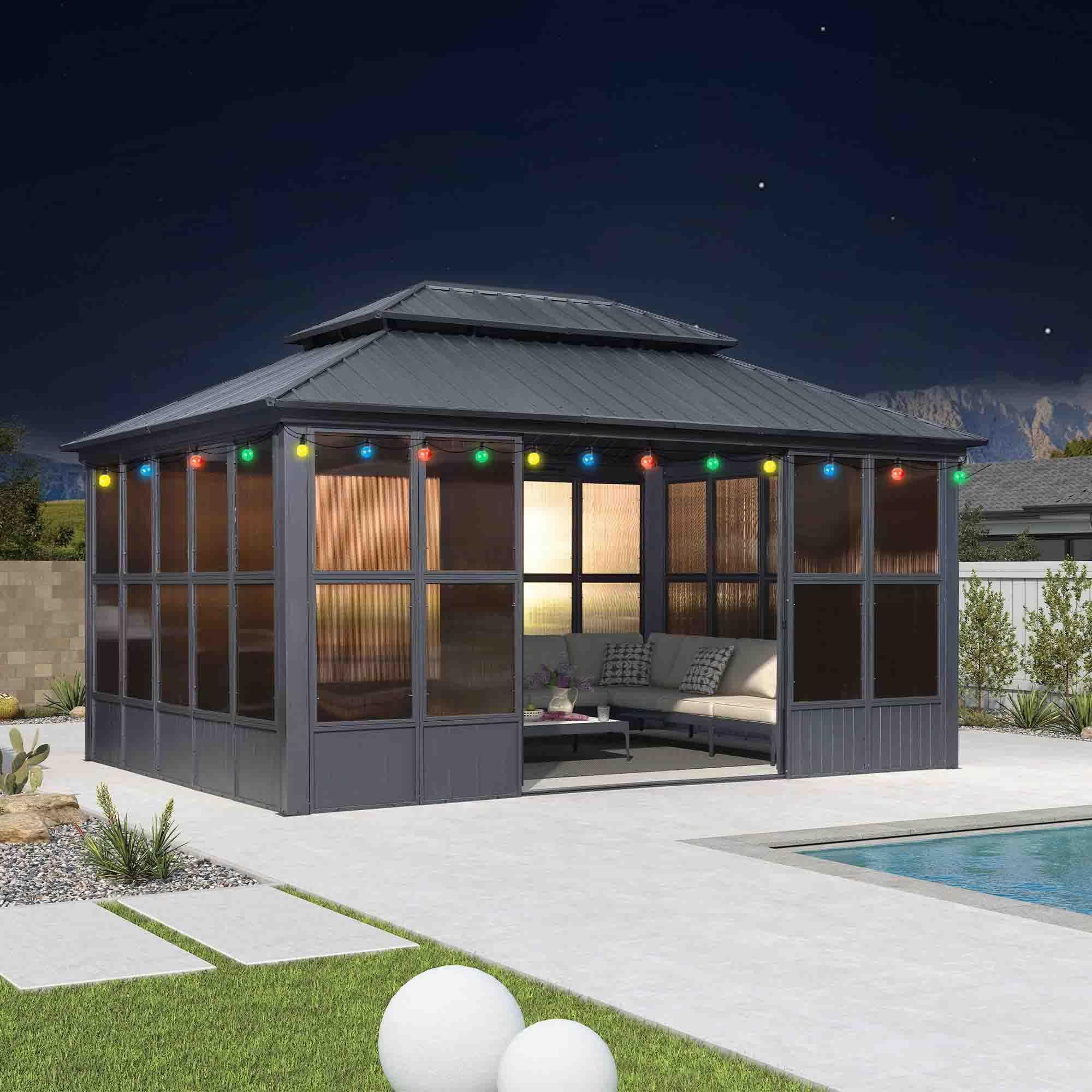 PURPLE LEAF Sunroom Hardtop Gazebo Solarium Grey Galvanized Steel Double Roof All-Weather Aluminum Outdoor Screen House with String Lights - Image 20