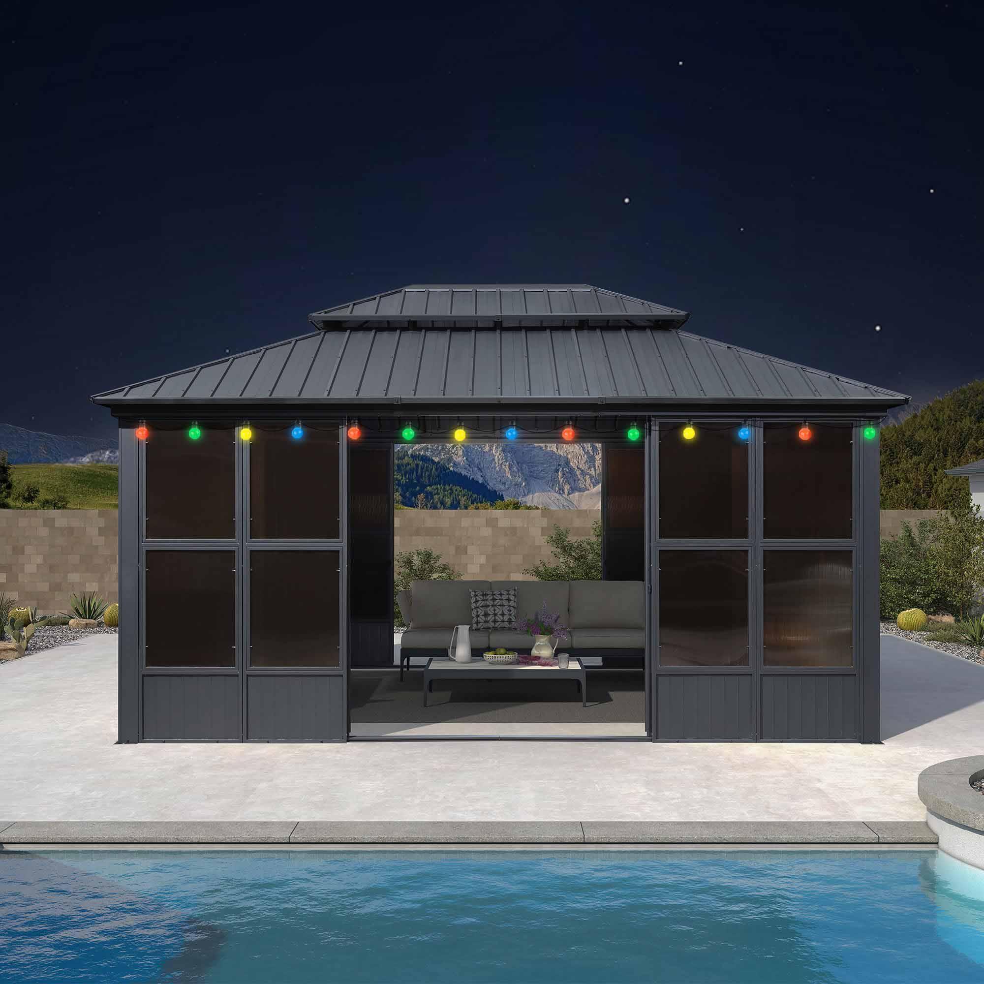 PURPLE LEAF Sunroom Hardtop Gazebo Solarium Grey Galvanized Steel Double Roof All-Weather Aluminum Outdoor Screen House with String Lights - Image 22
