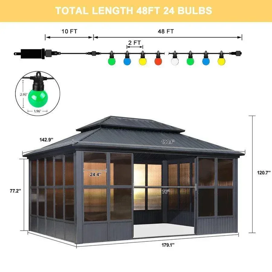 PURPLE LEAF Sunroom Hardtop Gazebo Solarium Grey Galvanized Steel Double Roof All-Weather Aluminum Outdoor Screen House with String Lights - Image 23
