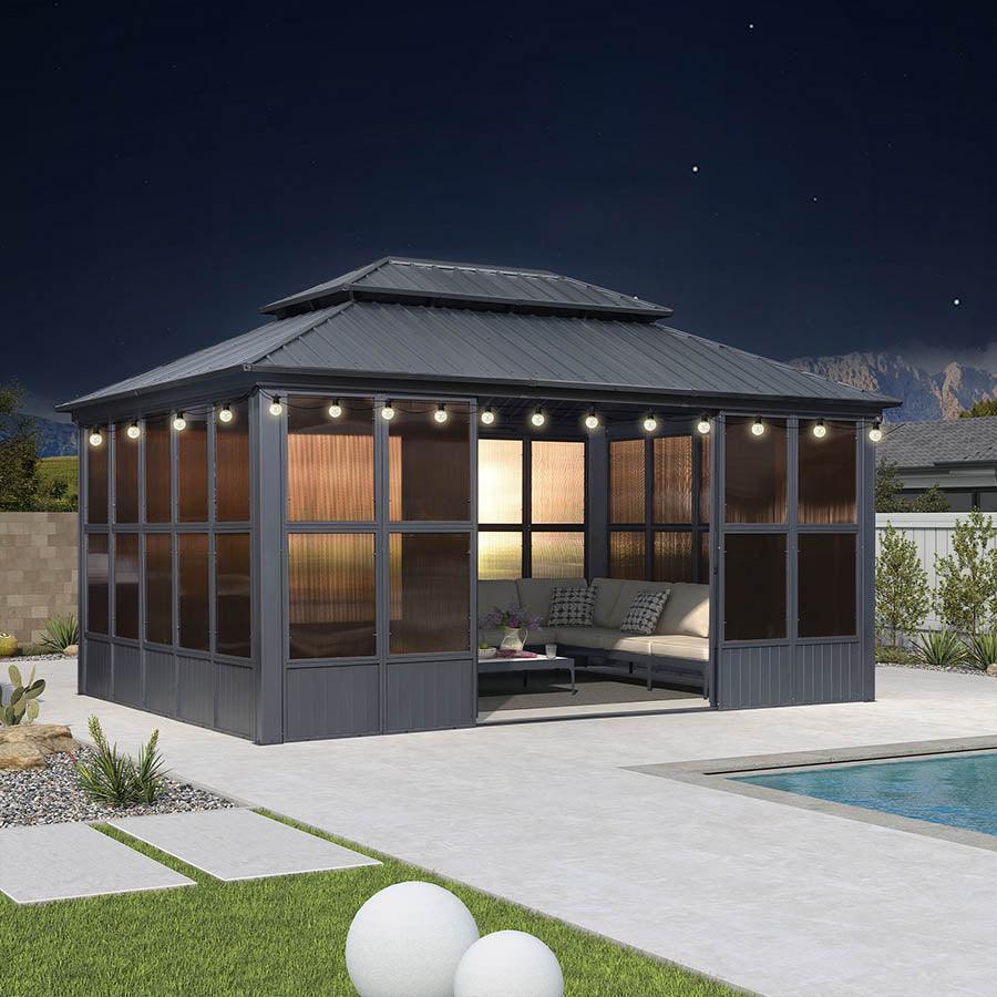 PURPLE LEAF Sunroom Hardtop Gazebo Solarium Grey Galvanized Steel Double Roof All-Weather Aluminum Outdoor Screen House with String Lights - Image 25