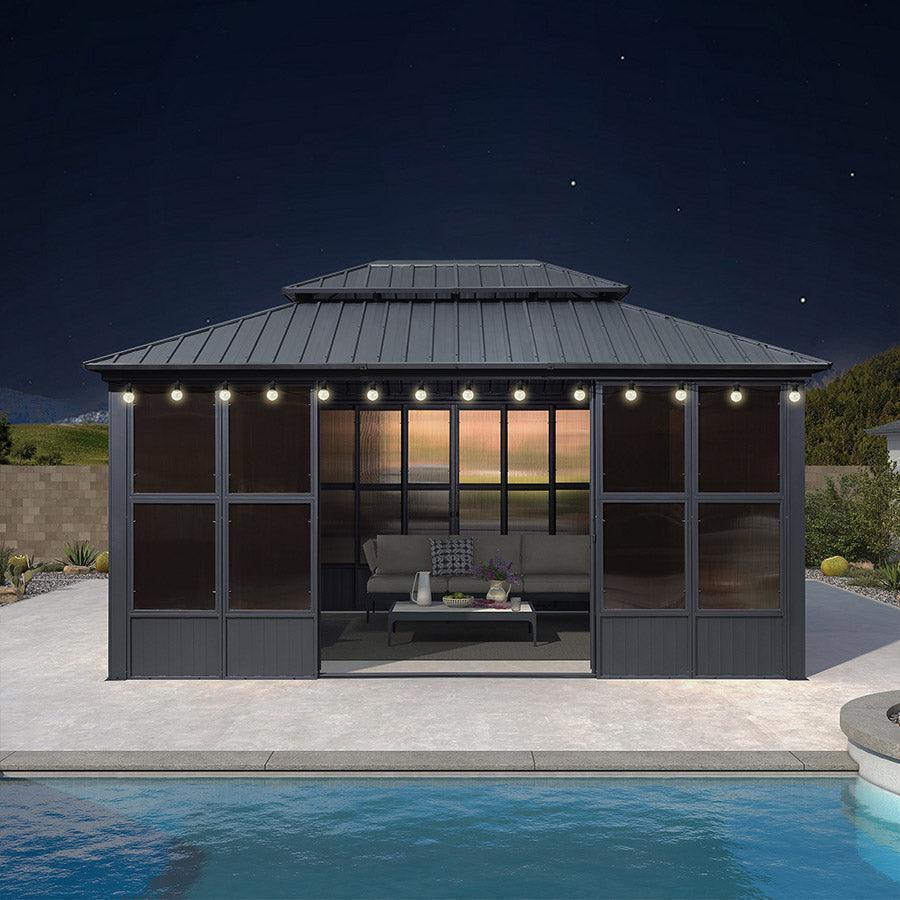 PURPLE LEAF Sunroom Hardtop Gazebo Solarium Grey Galvanized Steel Double Roof All-Weather Aluminum Outdoor Screen House with String Lights - Image 26