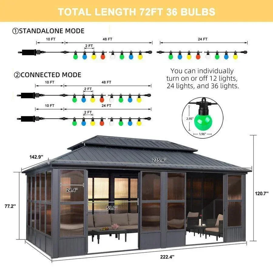 PURPLE LEAF Sunroom Hardtop Gazebo Solarium Grey Galvanized Steel Double Roof All-Weather Aluminum Outdoor Screen House with String Lights - Image 27