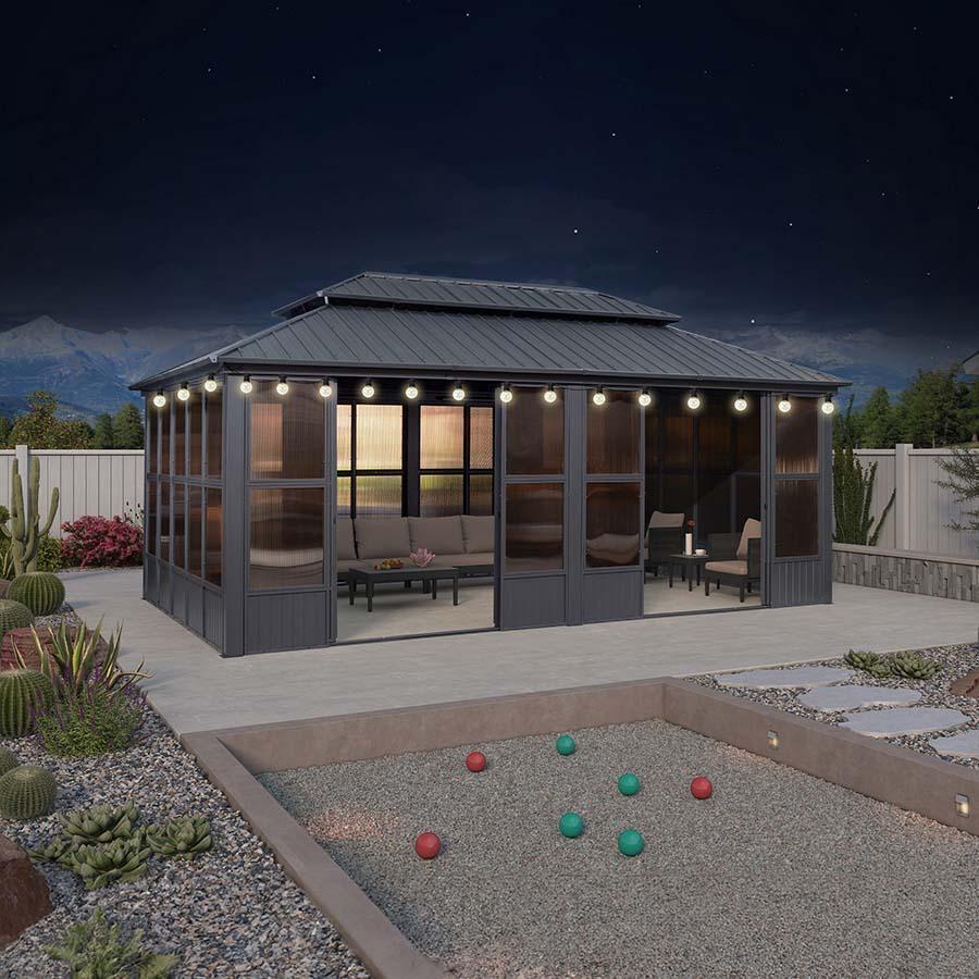 PURPLE LEAF Sunroom Hardtop Gazebo Solarium Grey Galvanized Steel Double Roof All-Weather Aluminum Outdoor Screen House with String Lights - Image 29