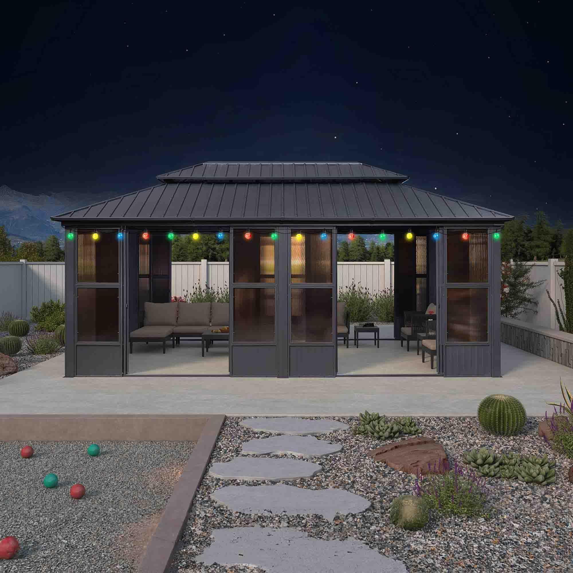 PURPLE LEAF Sunroom Hardtop Gazebo Solarium Grey Galvanized Steel Double Roof All-Weather Aluminum Outdoor Screen House with String Lights - Image 30