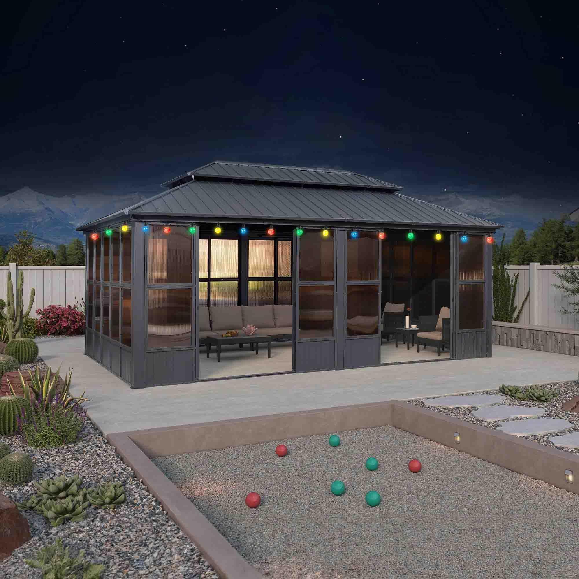 PURPLE LEAF Sunroom Hardtop Gazebo Solarium Grey Galvanized Steel Double Roof All-Weather Aluminum Outdoor Screen House with String Lights - Image 31
