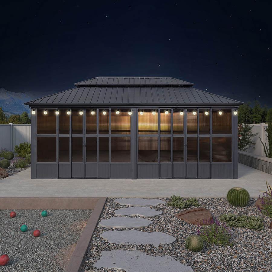 PURPLE LEAF Sunroom Hardtop Gazebo Solarium Grey Galvanized Steel Double Roof All-Weather Aluminum Outdoor Screen House with String Lights - Image 32