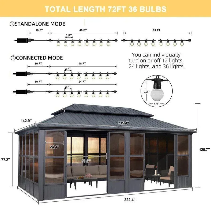 PURPLE LEAF Sunroom Hardtop Gazebo Solarium Grey Galvanized Steel Double Roof All-Weather Aluminum Outdoor Screen House with String Lights - Image 33