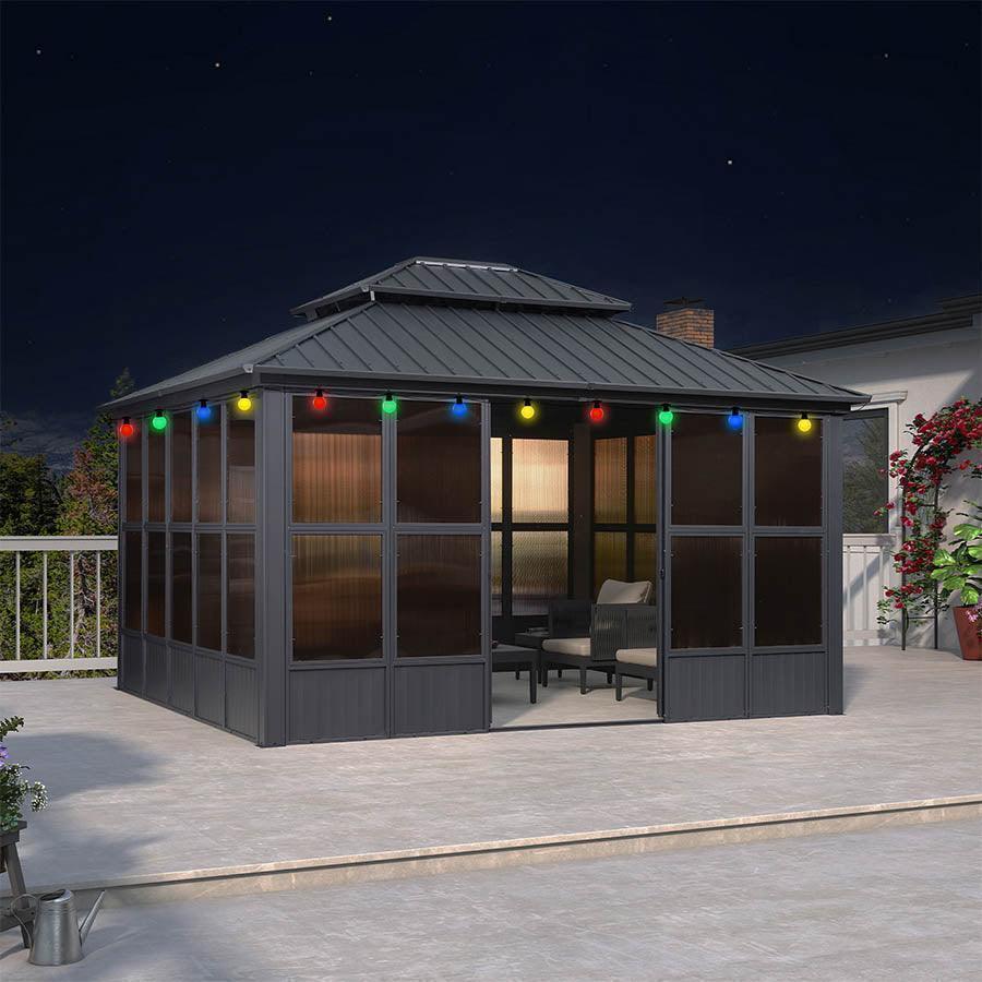 PURPLE LEAF Sunroom Hardtop Gazebo Solarium Grey Galvanized Steel Double Roof All-Weather Aluminum Outdoor Screen House with String Lights - Image 34