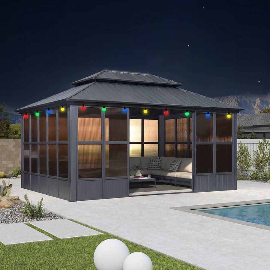 PURPLE LEAF Sunroom Hardtop Gazebo Solarium Grey Galvanized Steel Double Roof All-Weather Aluminum Outdoor Screen House with String Lights - Image 38