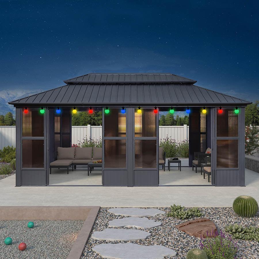 PURPLE LEAF Sunroom Hardtop Gazebo Solarium Grey Galvanized Steel Double Roof All-Weather Aluminum Outdoor Screen House with String Lights - Image 41