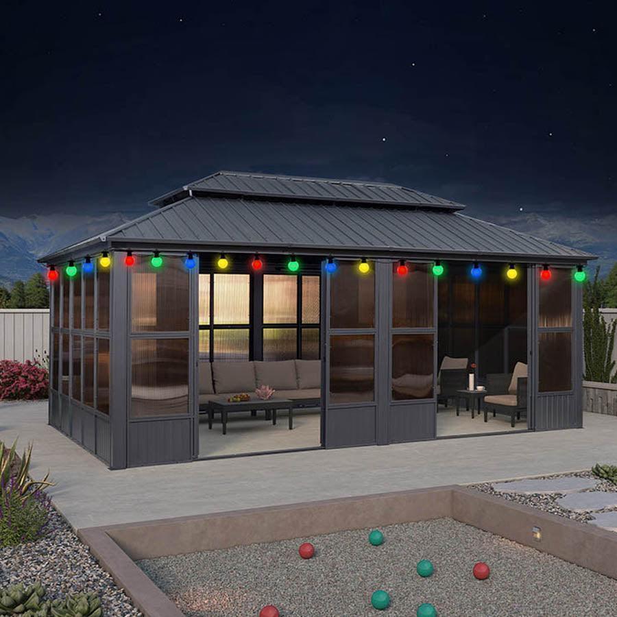 PURPLE LEAF Sunroom Hardtop Gazebo Solarium Grey Galvanized Steel Double Roof All-Weather Aluminum Outdoor Screen House with String Lights - Image 43